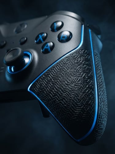 Extreme macro shot of a premium custom console controller with metallic matte black finishes, sharp electric-blue rim lighting highlighting the textured grip, subtle atmospheric smoke in a dark cinematic studio