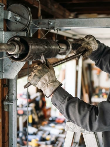 Close-up shot of a technician's hands adjusting a heavy-duty steel torsion spring with professional tools, bright Southern California daylight, sharp focus, 35mm lens.