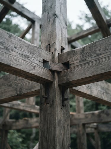 Macro architectural detail of structural timber joints, cool overcast natural daylight, desaturated forest green tones, sharp focus, 35mm lens.