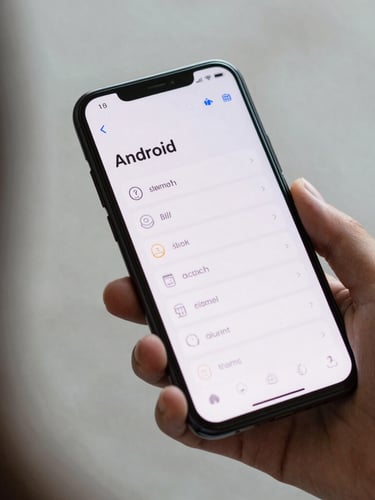 Over-the-shoulder macro shot of a hand holding a high-contrast Android device displaying a simplified, large-text interface under flat daylight.