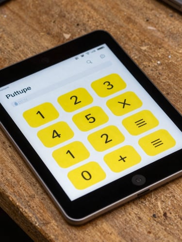 Top-down macro shot of an Android tablet on a wooden workshop bench, displaying a clean, high-contrast calculator app with large yellow buttons.