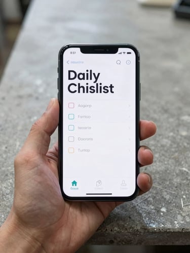 Top-down macro shot of a hand holding a clean Android smartphone on a concrete workshop bench. The screen displays a high-contrast, minimalist daily checklist app with large, sharp typography. Bright, even, overcast daylight.