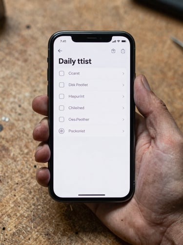 A top-down macro shot of a weathered hand holding a clean Android smartphone on a wooden workshop bench, displaying a high-contrast, minimalist daily checklist interface.