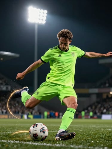 Dynamic football action shot, player striking ball under neon green stadium floodlights, glowing gold light trails, high contrast dark background.
