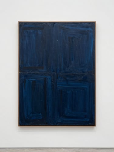 A straight-on, high-fidelity documentation of a contemporary abstract painting with deep indigo textures, hanging on a flat white gallery wall under soft, even daylight.