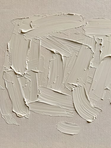 Close-up of canvas texture with thick impasto strokes in a quiet Manila artist studio, flat even gallery lighting.