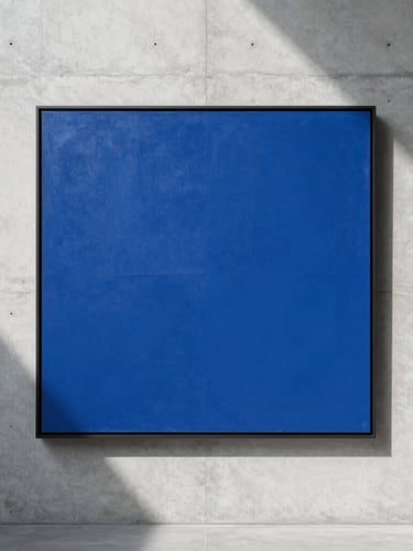 Front-facing architectural elevation of a concrete gallery wall with a large minimalist abstract blue painting, soft even daylight casting subtle textures, sharp 90-degree framing.