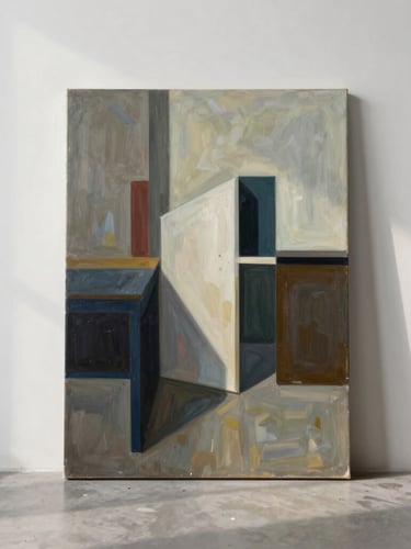 High-fidelity straight-on documentation of a contemporary painting leaning against a white studio wall, soft indirect north-facing daylight.