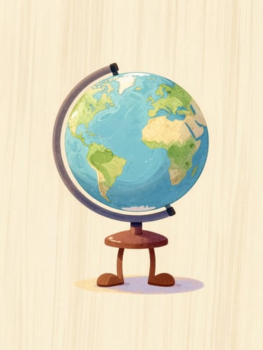 A warm whimsical illustration of the adventurous character Amani holding a small hand-drawn globe, soft sun-drenched pastel tones, light wood texture background