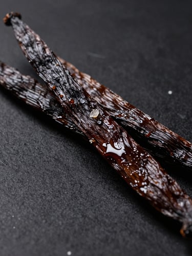 Macro close-up of dark, plump, oily cured vanilla pods with visible crystalline vanillin frost on a clean black surface, dramatic side lighting highlighting the rich texture.