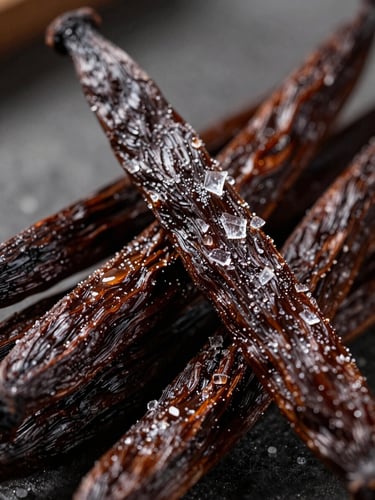 Macro close-up of plump, oily, dark brown cured vanilla pods showing crystalline vanillin frost under dramatic side-lighting.