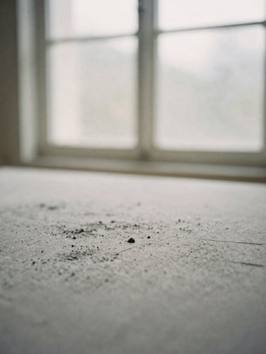 Macro close-up of charcoal pigment layered on textured raw canvas, soft north-facing window light, long shadows, quiet minimalist composition
