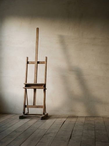 Extreme minimalist composition of Soren Vance's studio at dusk, a single empty wooden easel casting a long soft shadow on a warm limestone wall, diffused evening light from a high north-facing window, medium format film.