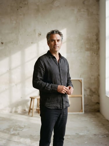 A quiet, straight-on medium format film photograph of Soren Vance in a sunlit studio, soft north-facing window light casting long shadows across an empty limestone wall, muted neutral tones, minimalist aesthetic.