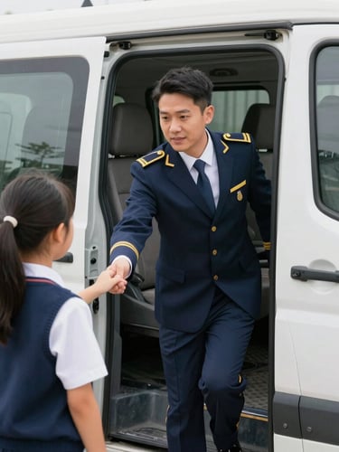 A professional driver in a neat uniform warmly greeting a student at the vehicle door, bright morning daylight, clean corporate navy tones, sharp focus, 35mm