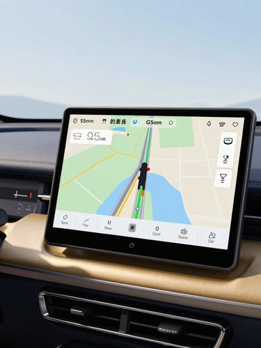 Close-up of a modern vehicle dashboard showing a secure GPS navigation unit and clean safety controls, bright morning daylight, professional editorial, 35mm