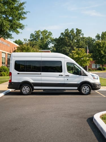Side view of a modern, clean, white specialized transit van parked in a neat, sunlit school driveway in Maryland, bright morning daylight, 35mm