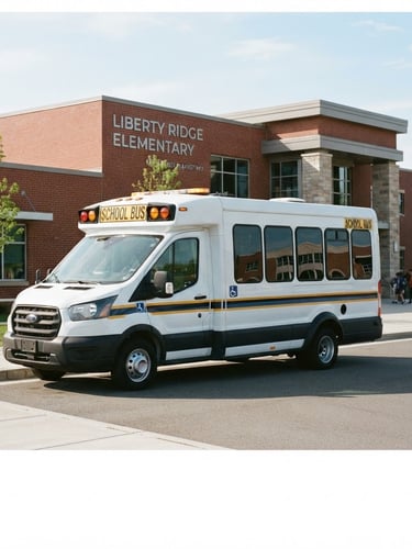 A clean, modern white transit vehicle parked in front of a school building in bright morning daylight, professional safety markings visible, 35mm editorial photography.