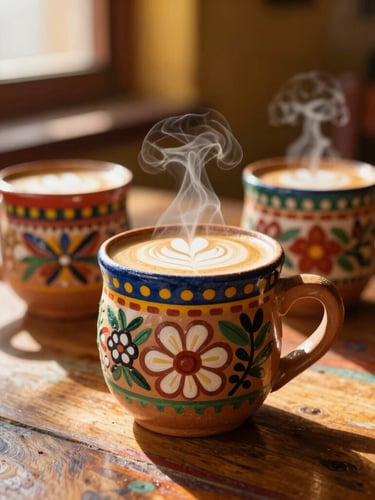 Medium close-up of hand-painted Mexican clay mugs filled with steaming latte art on a colorful wooden table, warm golden-hour sunlight streaming through a window, shallow depth of field