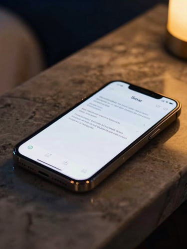 A close-up of a smartphone resting on a marble countertop in a premium spa, displaying a clean text notification with a warm golden-hour highlight.