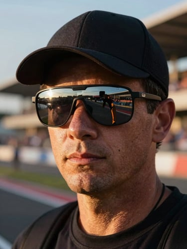 Primer plano dramático del casco de Miguel Bernal con reflejos de la pista en la visera, luz de atardecer de alto contraste, paddock de fondo difuminado.