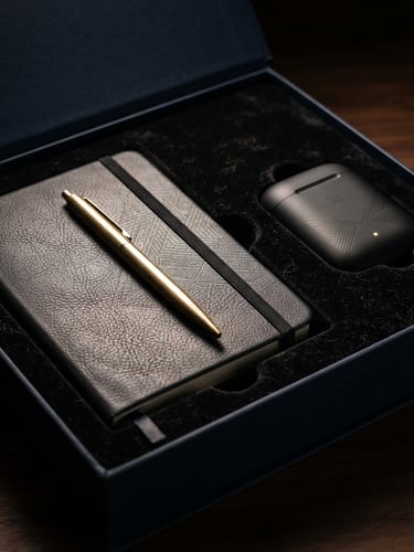 Close-up macro shot of an open luxury corporate gift box revealing an embossed leather diary, a gold-plated pen, and a custom tech gadget, all with subtle branding, dramatic low-key side lighting, deep shadows with warm gold accents, rich textures.