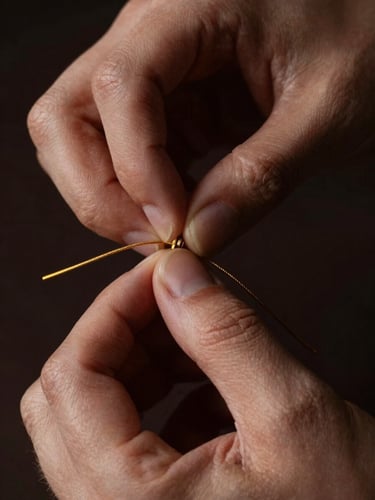 Close-up macro shot of hands meticulously stitching fine Italian leather with gold thread, dramatic low-key side lighting, deep shadows, rich textures.