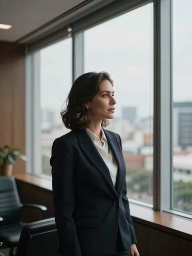 Editorial portrait of a professional woman in a sunlit, high-end corporate office in São Paulo, soft side shadow, looking thoughtfully out a large window, 35mm photography, elegant and authoritative mood