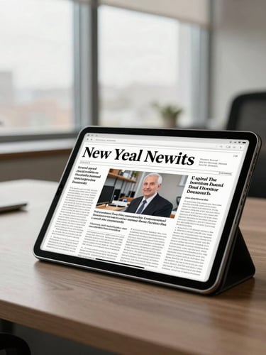 An elegant editorial portrait of a modern newsroom desk, a high-end digital tablet displaying a major news article, soft morning light streaming through large windows, 35mm photography.