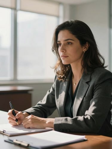 Editorial portrait of a Brazilian journalist in a sunlit modern newsroom, soft side-shadows, holding a fountain pen, elegant corporate setting, shallow depth of field, 35mm