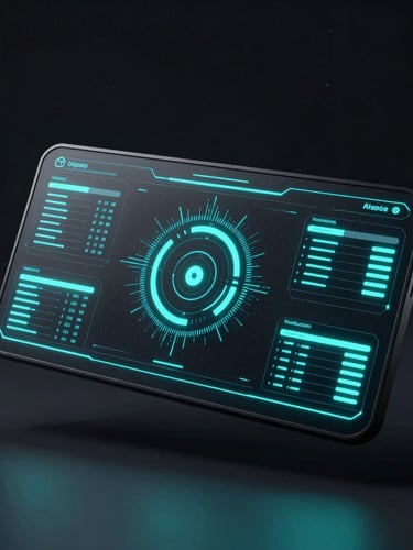 Sleek 3D dashboard mockup floating in dark space, glowing neon cyan data streams, futuristic tech aesthetic
