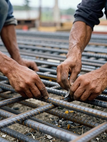 Close-up of workers' hands tying steel reinforcement bars on a construction site, natural overcast daylight, cool steel and warm amber tones, realistic documentary style, 35mm