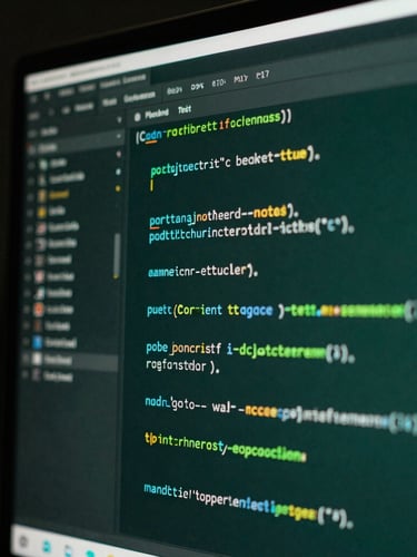 Macro close-up of a modern software interface on a vertical monitor, dramatic side-lighting with deep forest green hues, shallow depth of field, sharp focus on lines of code