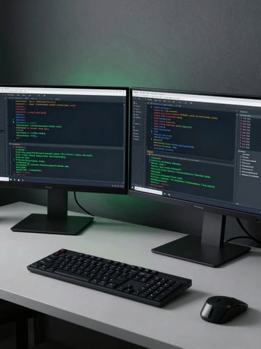 A professional developer's minimalist workspace, dual monitors displaying complex code and data visualizations, low-key moody lighting with green accents