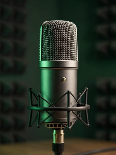 Tight macro shot of a high-end podcast microphone in a moody, dark-mode studio, deep forest green side-lighting, soft focus on soundproofing panels in background.