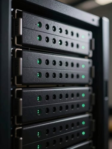 Macro close-up of a high-end server rack with subtle dark green indicator lights, moody dramatic side-lighting, shallow depth of field