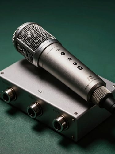 Tight macro shot of professional studio microphone and high-end audio interface, dramatic side-lighting, deep forest green shadows