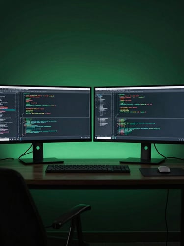 Cinematic wide shot of a minimalist workstation with dual monitors displaying code and data architecture, dramatic side-lighting in deep forest green, dark shadows.