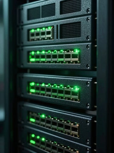 Tight macro shot of high-end dark server rack interfaces with subtle glowing green network indicators, moody dramatic side-lighting, deep forest green accents, cinematic depth of field.