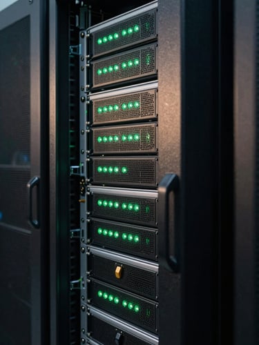 Tight macro shot of complex technical server arrays with glowing green status lights, casting dramatic shadows in a dark enterprise data center.