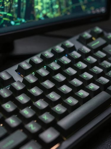 Macro close-up of a high-end mechanical keyboard and glowing lines on a dark monitor, moody forest green backlight