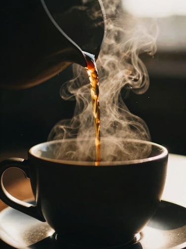 Moody close-up of slow-pour coffee dripping into a minimalist matte-black ceramic cup, warm golden-hour sunbeams cutting through steam, high-contrast side-lighting, shallow depth of field, 35mm film style.