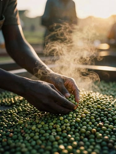 Hands sorting green coffee beans at a Kigoma washing station, warm golden-hour sunbeams cutting through steam, moody side-lighting, 35mm film