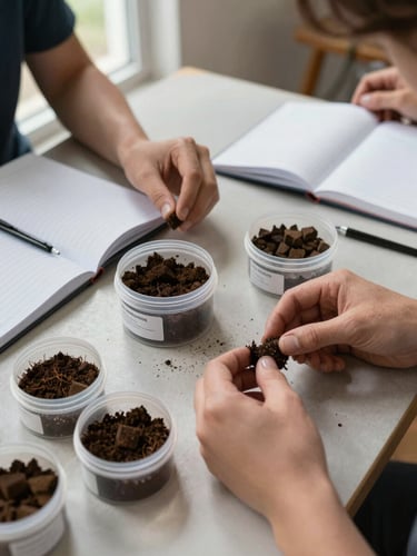 Close-up overhead of a community workshop table: hands sorting soil core samples into labeled containers, field notebooks open beside them, natural window light from the left, no posed faces, documentary framing