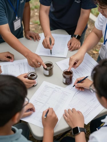 Close overhead shot of researchers and community members gathered around a folding table outdoors, hands pointing at printed data sheets and soil sample jars, natural daylight, working conditions, no posed faces