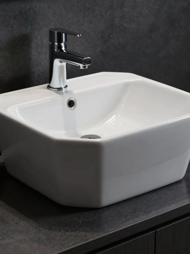 Orthographic studio shot of a modern geometric washbasin, crisp white ceramic against a dark charcoal backdrop, sharp structural lines.