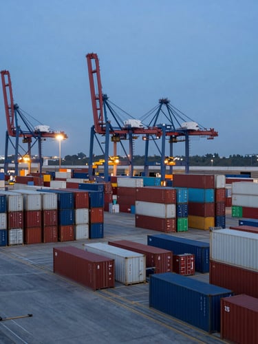 Wide-angle view of a clean, organized shipping port terminal at dusk, container stacks aligned precisely, container crane in background, cool industrial lighting, no people.