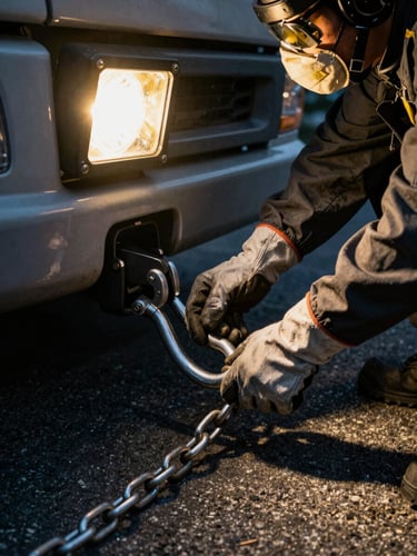 Close-up of a technician's gloved hands securing a tow hook to a vehicle hitch at night, yellow floodlight from the truck cab casting hard shadows across asphalt, chain links visible in foreground