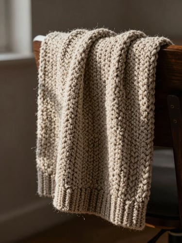 Macro shot of a heavy-gauge chunky knit oatmeal throw draped over a dark wooden office chair, strong directional side light, deep shadows, rich wool texture.