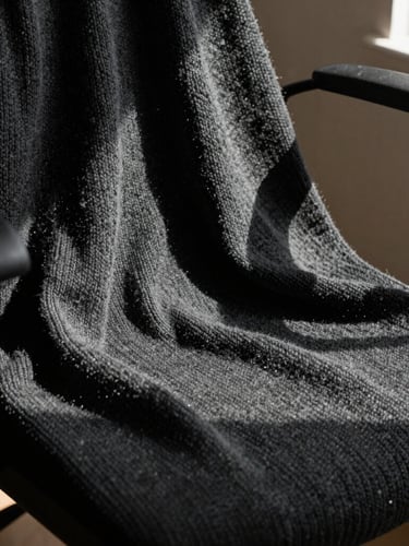 Extreme close-up of heavy-gauge charcoal knit fabric draped over an office chair, strong natural window light casting deep shadows, 50mm lens